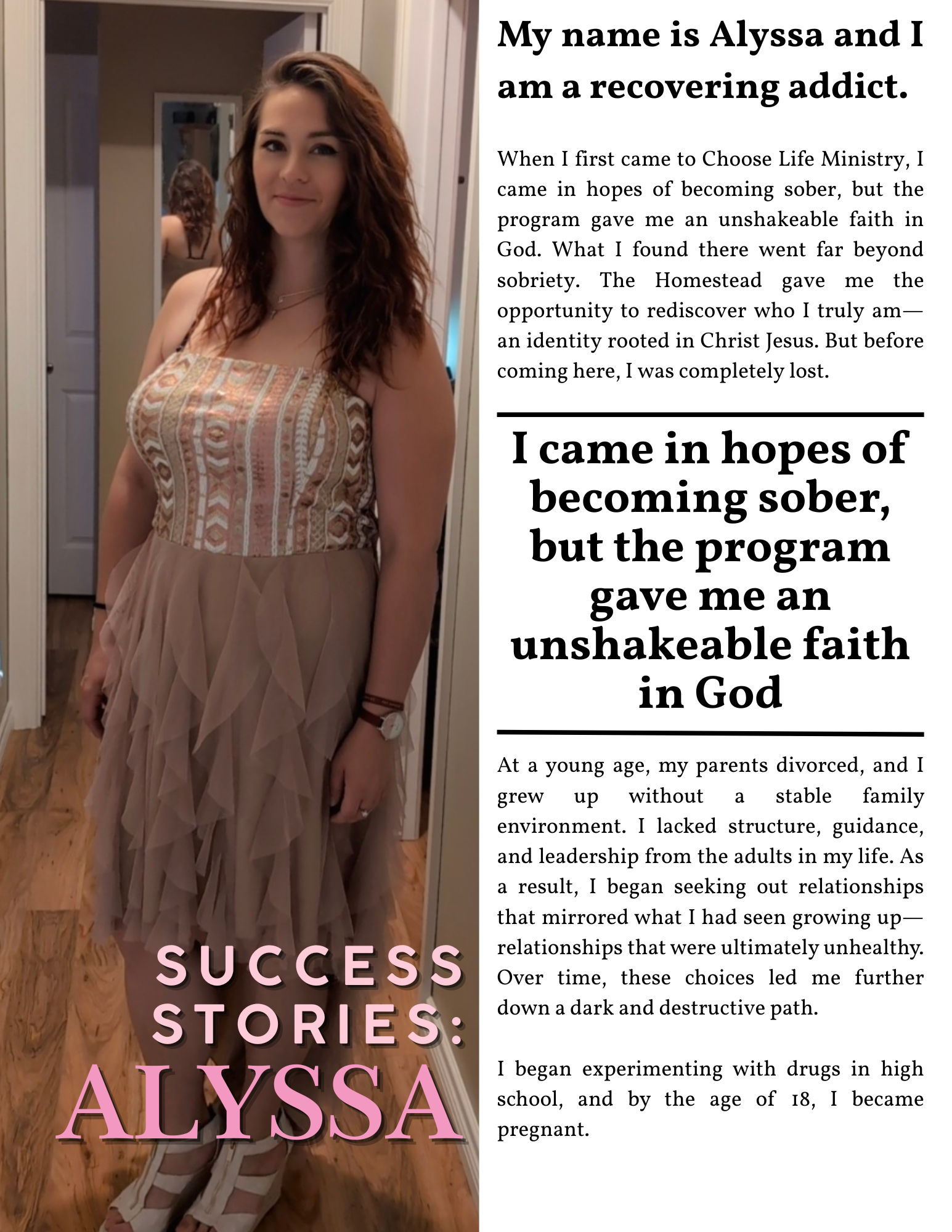 Portrait of Alyssa, a graduate of the Choose Life Ministry women's recovery program