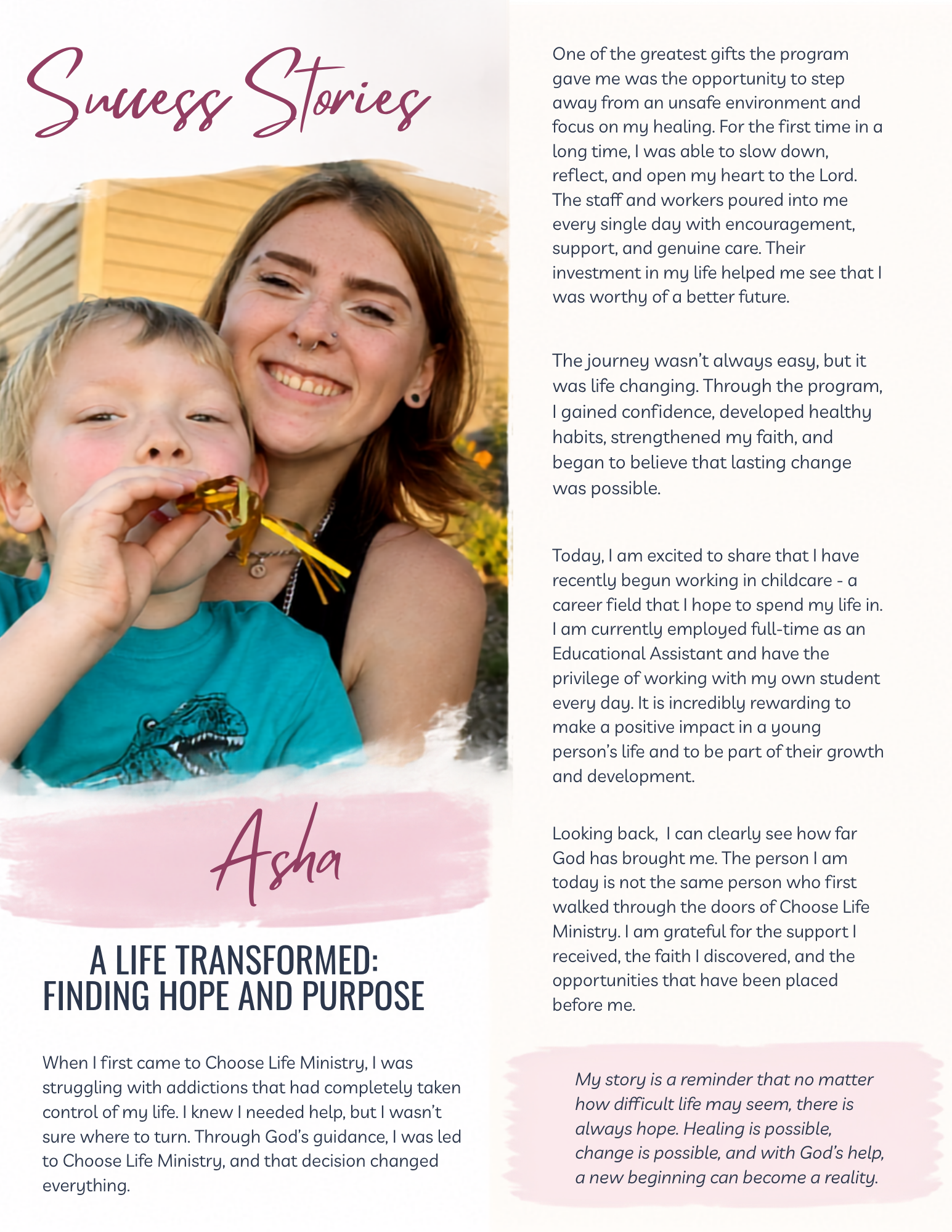 Portrait of Asha, a graduate of the Choose Life Ministry women's recovery program