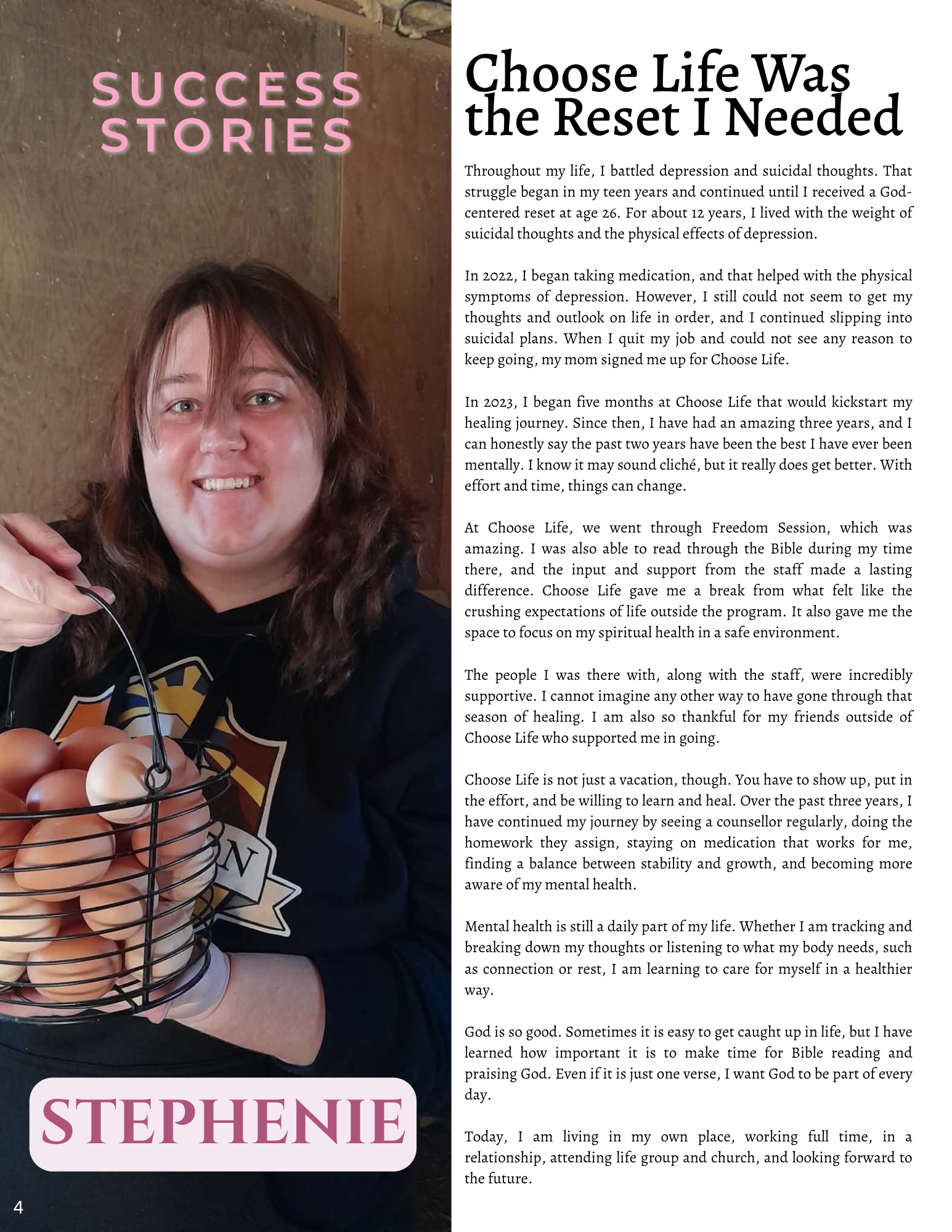 Portrait of Stephenie, a graduate of the Choose Life Ministry women's recovery program