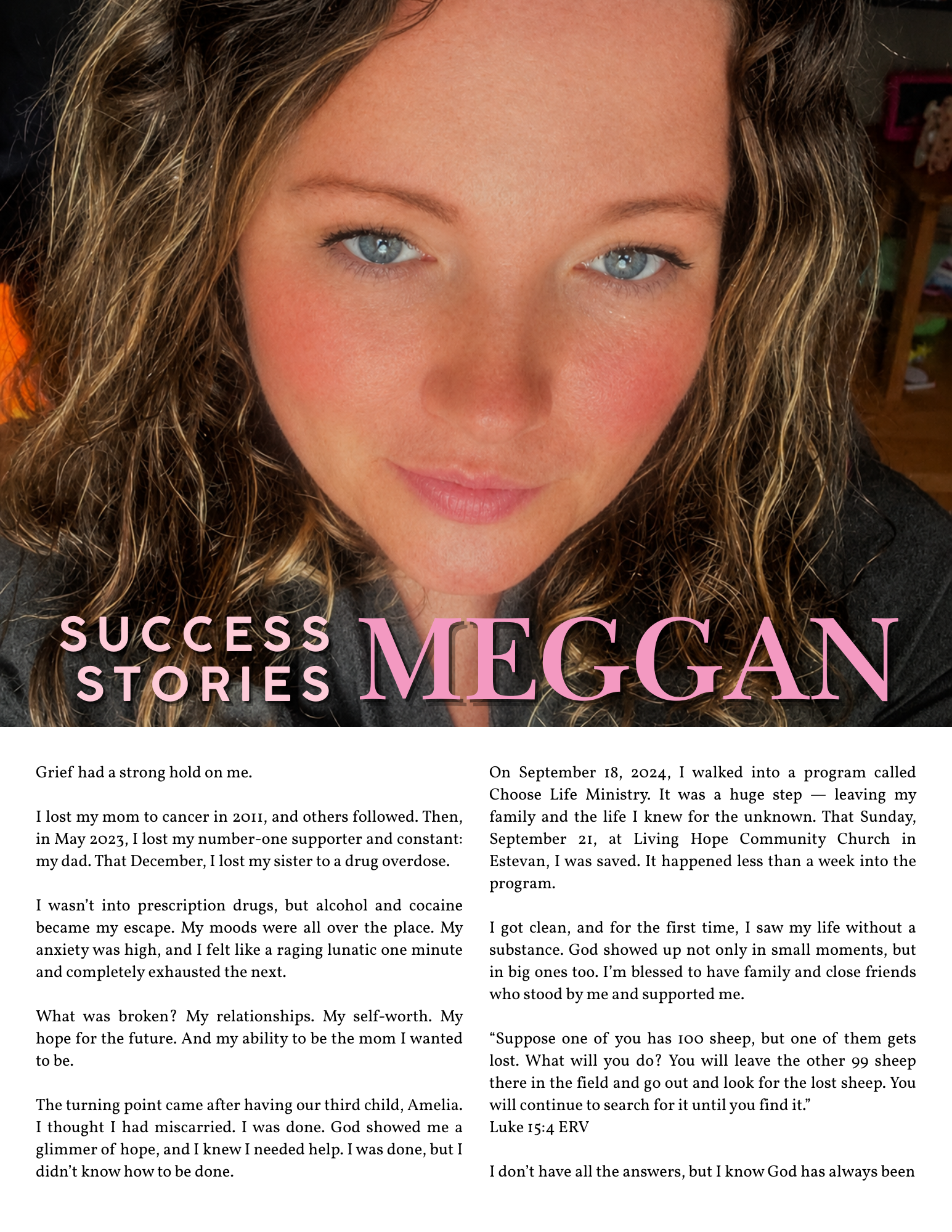 Portrait of Meggan, a graduate of the Choose Life Ministry women's recovery program